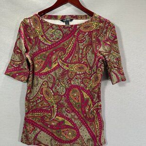 Ralph Lauren Black Label Knit Top Womens Medium Stretch Cotton 3/4 Cuffed Sleeve